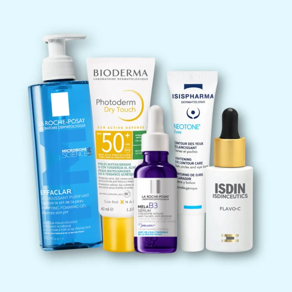 Selección de productos dermatológicos: Effaclar, Photoderm, Mela B3, Neotone Eyes y Flavo-C
