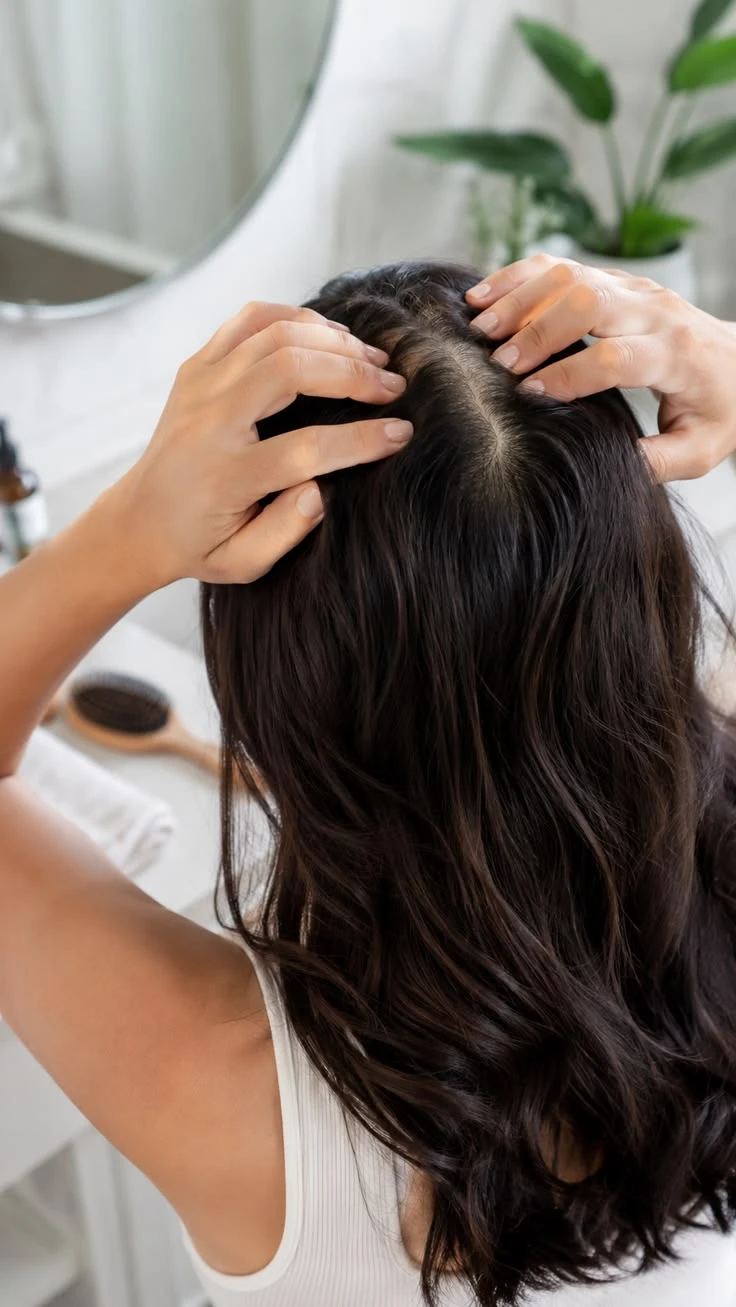 Mujer revisando la raya del cabello y el cuero cabelludo frente al espejo