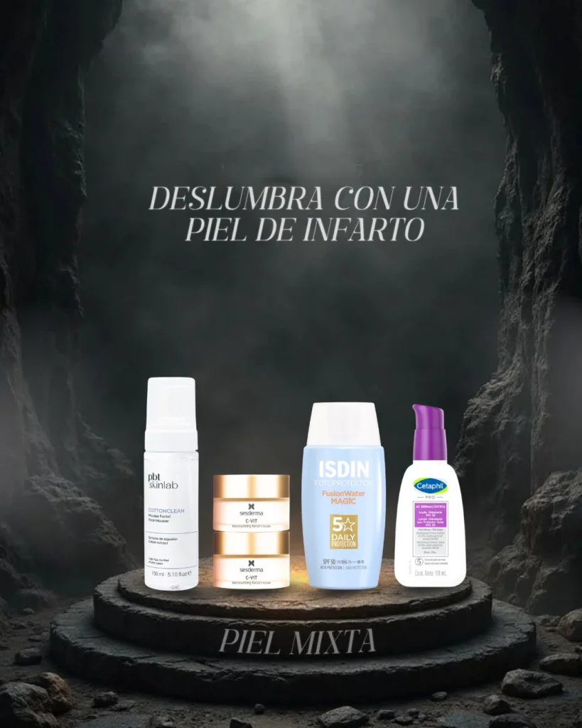Rutina de Halloween para piel mixta: PBT Cotton Clean, Sesderma C-Vit, ISDIN Fusion Water Magic y Cetaphil Pro AC