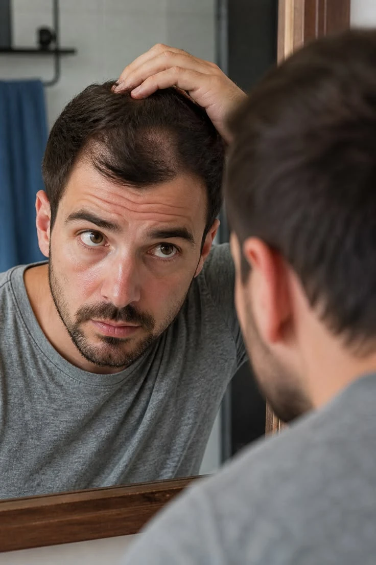Hombre revisando en el espejo las entradas y la densidad de su cabello